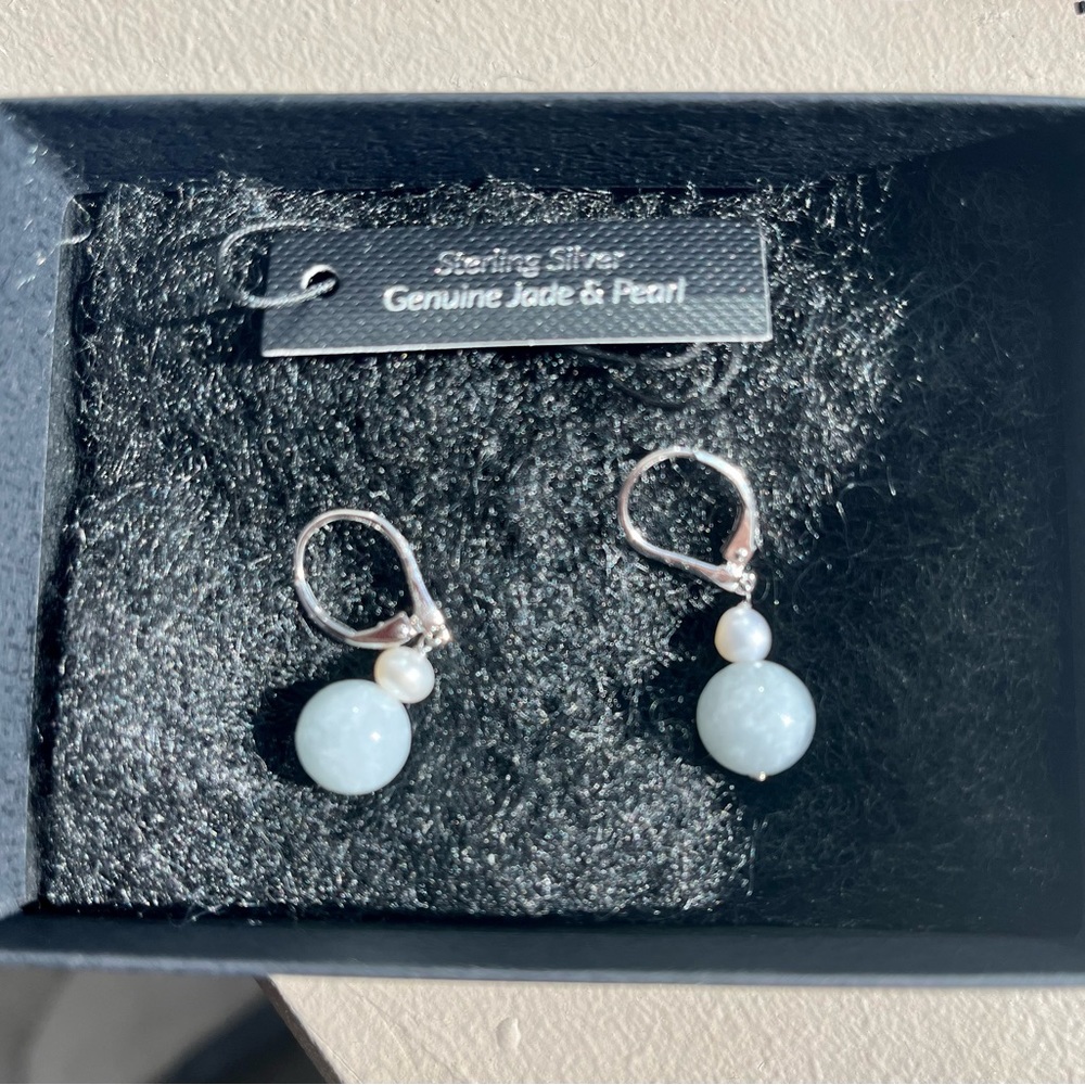 Genuine Jade & Pearl Earrings Sterling Silver